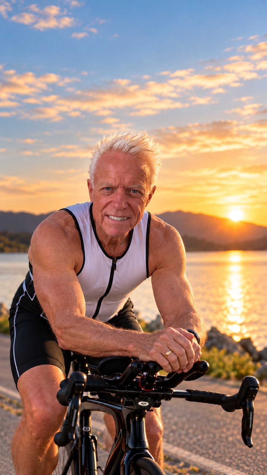 Tim Templeton on his bike at sunset, training for his first triathlon